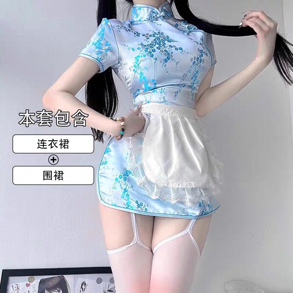 Adorable Bow Cosplay Dress - Student Maid Outfit & Lolita Style Daily Dress for Girls - Light blue Chinese-style two-piece set (cheongsam dress + apron included)