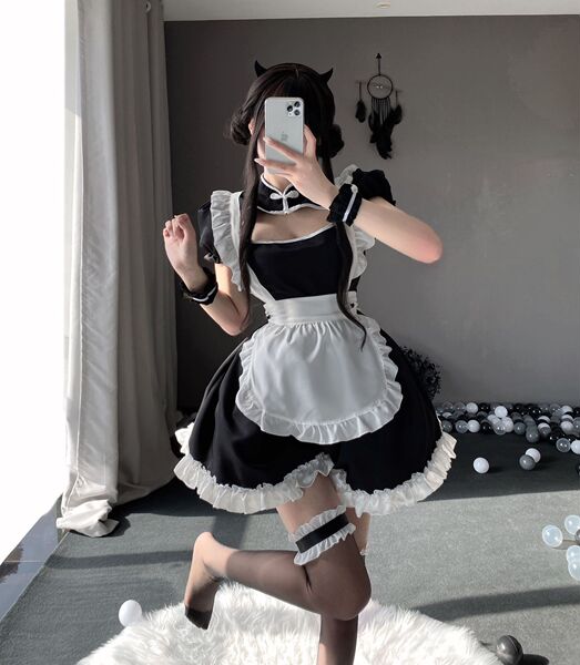 Pure & Seductive Maid Costume Set - Cosplay Lingerie, Lolita Apron Sleepwear for Role Play & Bedroom Fun - Chinese-style maid