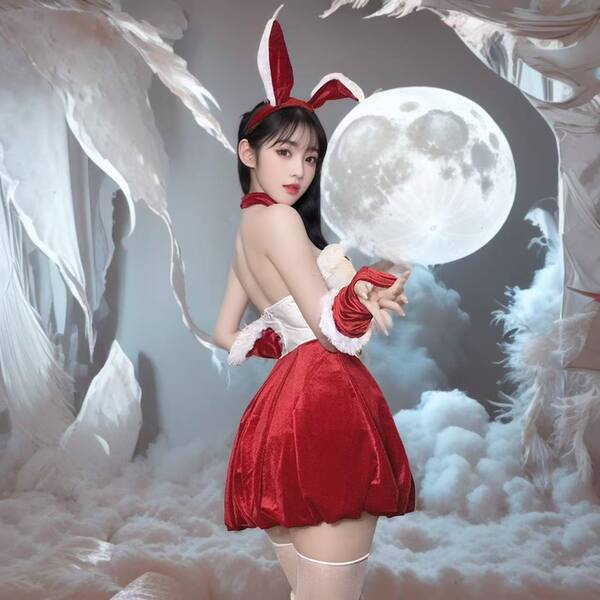 Sexy naughty role play lingerie dress with bunny ears and moon-themed outfit for new years eve cosplay and adult entertainmen...