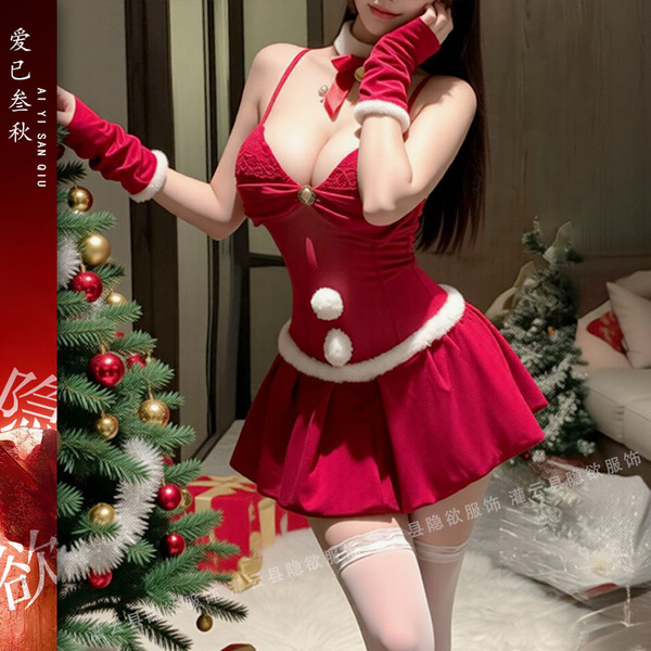 Sexy christmas bunny costume for women, deep v design, open-crotch lingerie set, perfect for holiday occasions