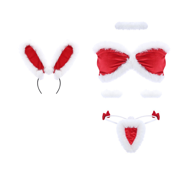 Sexy christmas bunny costume set for women, featuring red felt bunny ears, santa bralette, and festive underwear with white f...