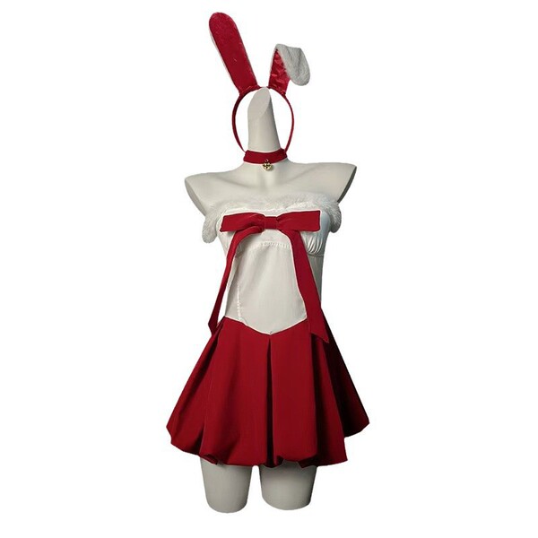 Sexy naughty christmas bunny costume for women, featuring red lingerie dress with bunny ears, perfect for new year eve outfit...