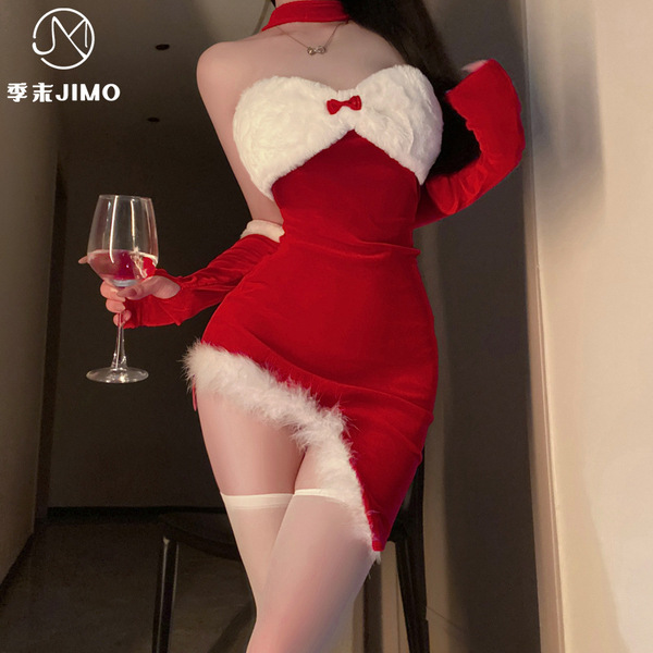 Sexy christmas bunny girl costume - red asymmetrical corset outfit with white furry trim and bow detail, perfect holiday ling...