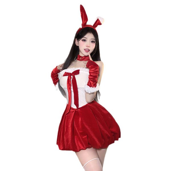 Red plush rabbit outfit featuring bunny ears, festive dress with bow tie, perfect for holiday parties, cosplay, or live strea...