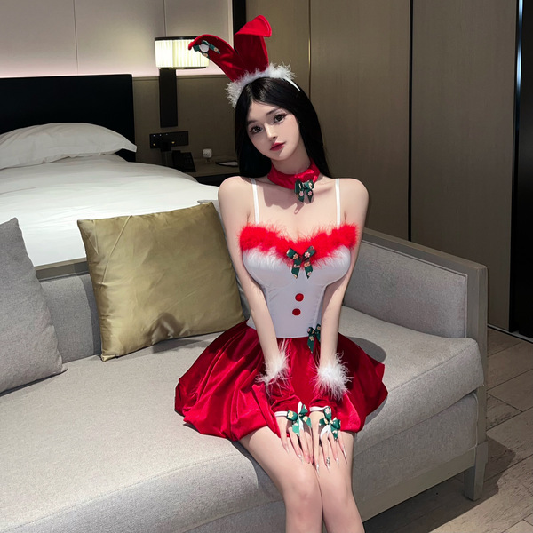 Sexy christmas bunny girl costume featuring festive red and white design, perfect for holiday role play with removable pads a...