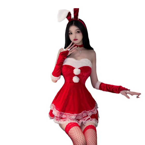 Sexy christmas bunny girl costume with red lingerie set for cosplay, live streaming, and new year party outfit