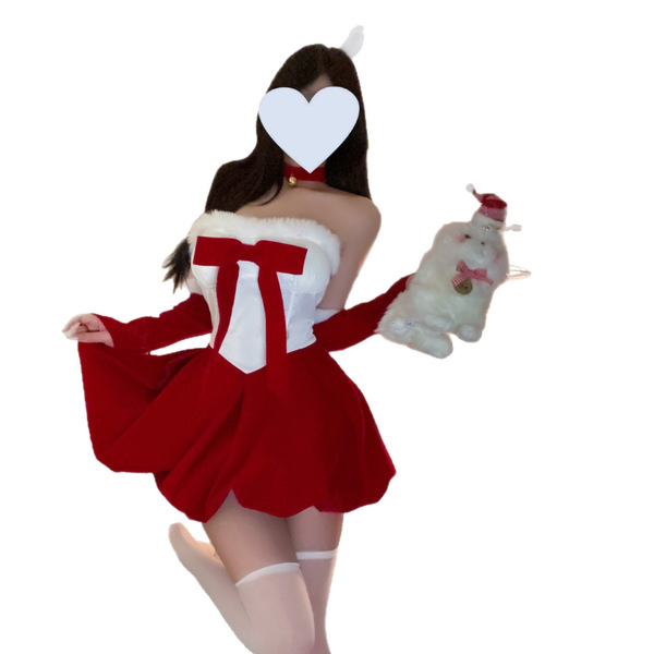Sexy mesh bodysuit with red mini dress, perfect for christmas bunny girl role play, ideal for nightclub and new years eve eve...