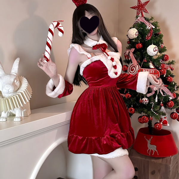 Sexy christmas bunny lingerie set for women, cute red velvet dress with white trim, perfect holiday costume for halloween & n...