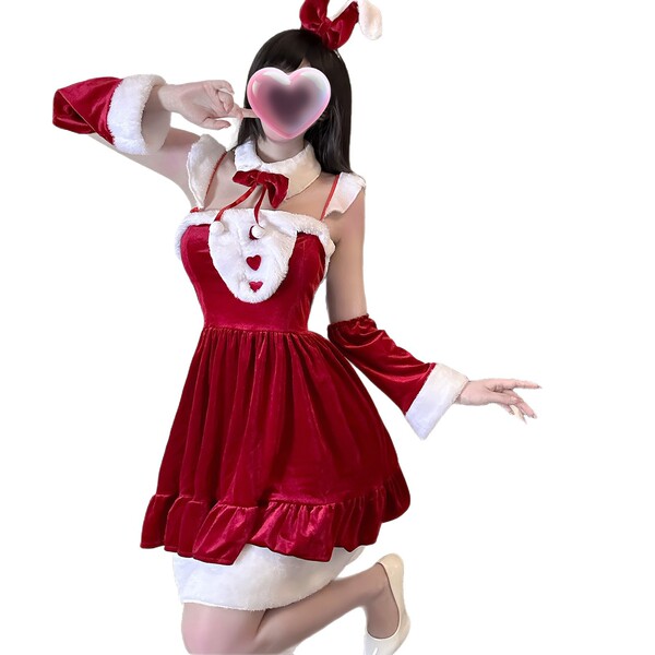 Sexy christmas bunny lingerie set for women - cute rabbit girl outfit for halloween & new year, featuring festive red and whi...