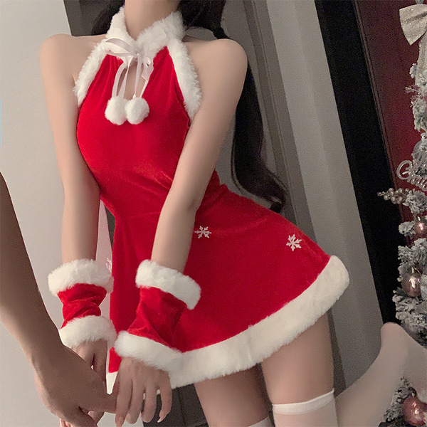 Sexy christmas-themed velvet nightgown with festive white fur trim and pom-poms, perfect for holiday role play costumes.