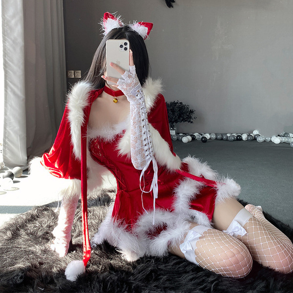 Sexy christmas deer lace lingerie set featuring festive red dress with white fur trim, lace gloves, and matching thong, perfe...