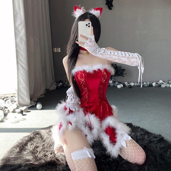 Sexy christmas deer lace lingerie set featuring festive red dress with white lace details, fluffy accents, and matching thong...