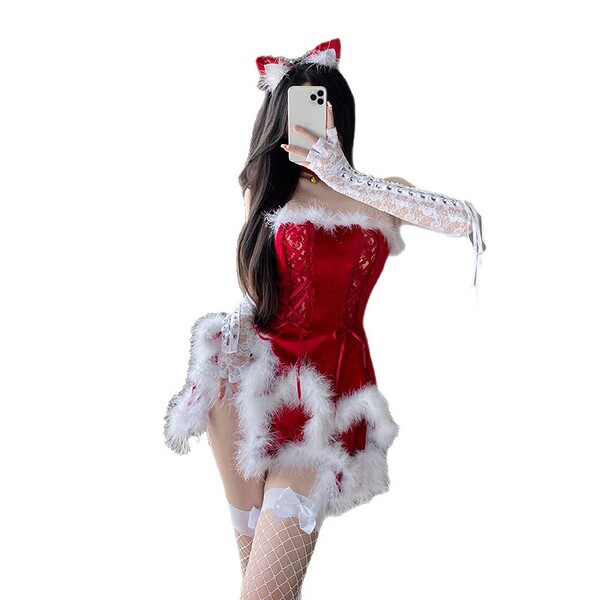 Sexy christmas deer lace lingerie set featuring festive red dress with white lace trimmings, perfect holiday outfit.