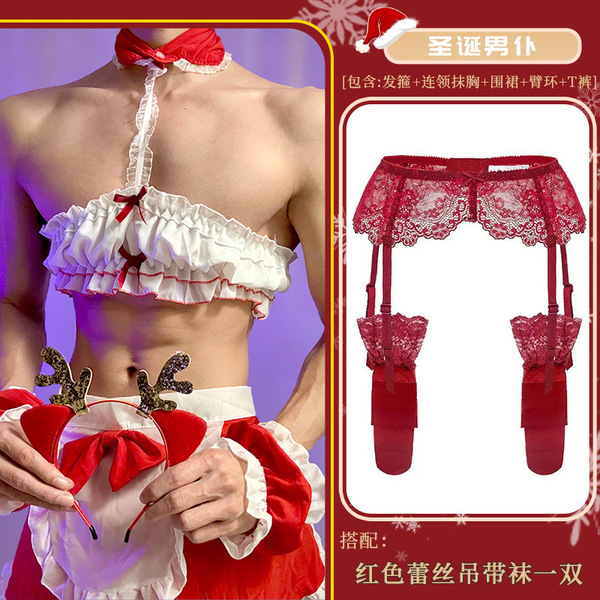 Christmas Maid Costume Set - Sexy Red Naughty Uniform for Women, Cute & Alluring Holiday Lingerie Outfit - Christmas male servant + red lace garter stockings