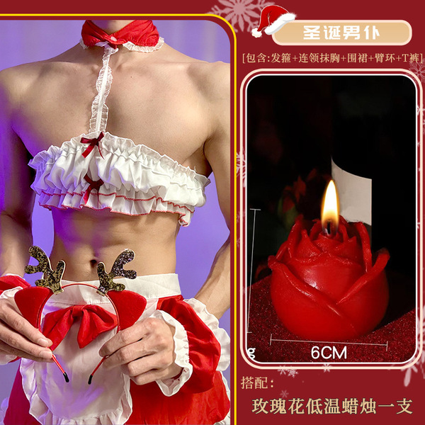 Christmas Maid Costume Set - Sexy Red Naughty Uniform for Women, Cute & Alluring Holiday Lingerie Outfit - Christmas male servant + red rose low-temperature candle