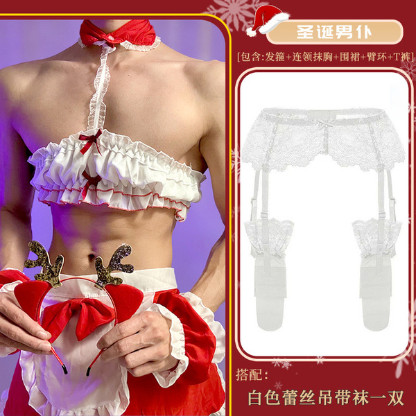 Christmas Maid Costume Set - Sexy Red Naughty Uniform for Women, Cute & Alluring Holiday Lingerie Outfit - Christmas male servant + white lace garter stockings