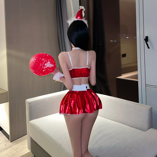 Sexy santa-themed bodysuit & matching bra-shorts outfit for holiday roleplay, perfect for christmas eve fun