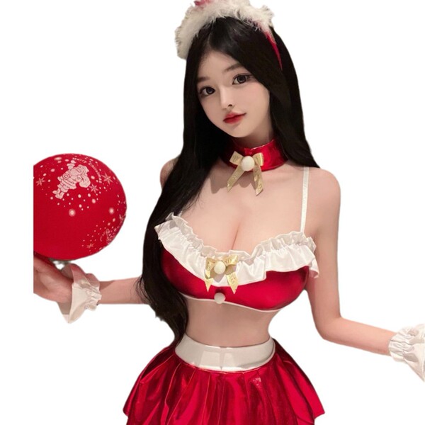 Sexy santa-themed christmas eve lingerie set featuring a festive red bodysuit with matching bra and shorts, perfect for holid...