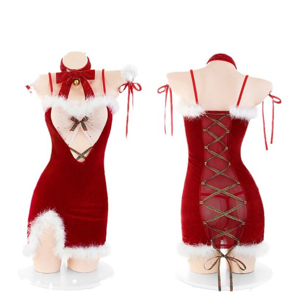 Red christmas lingerie set with fuzzy trim and lace-up back, perfect for holiday parties, cosplay, or nightclub wear.