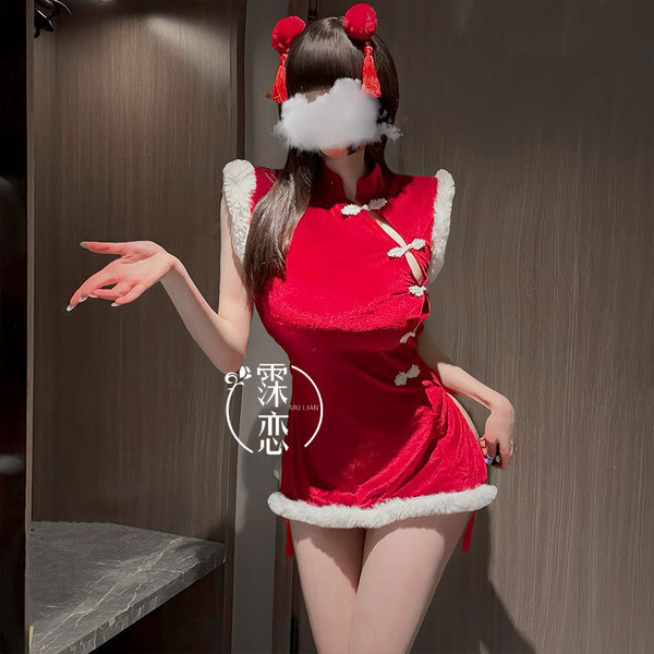 Misty Romance Lingerie Set - Sexy Christmas Uniform, New Chinese Style Qipao for Couples, Pure & Tempting Holiday Outfit - Christmas outfit + hair accessory + white fishnet stockings