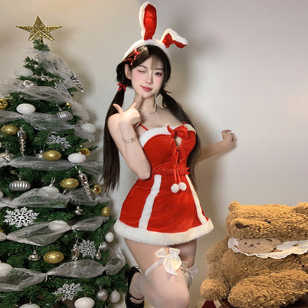 Christmas Lingerie Set for Women - Busty Sexy Bunny Costume, New Year Party Outfit, Cosplay & Naughty Holiday Wear - Christmas-themed outfit: headband + skirt