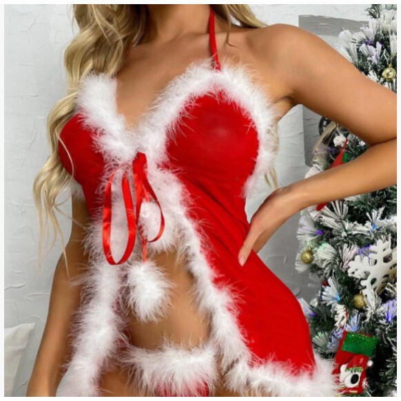 Sexy christmas lady lingerie set featuring plush hooded robe and matching pajamas, perfect for date night, holiday parties, o...