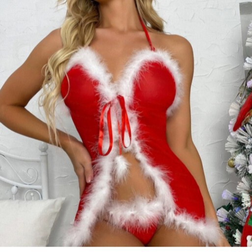 Sexy christmas lady lingerie set featuring plush hooded robe and matching pajamas, perfect for date night, holiday parties, o...