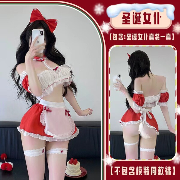 Christmas Bunny Girl Dress - Red Sexy Bodycon Mini Dress, Y2K Cute & Seductive Holiday Outfit - Christmas Maid Outfit [Bracket + Headband + Apron + Thong + Bracelets * 2]