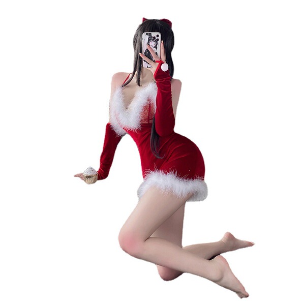 Sexy santa claus-themed sleepwear set featuring a red mini skirt with white fur trim and matching lace lingerie, perfect for ...