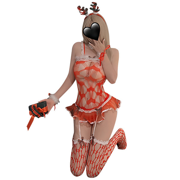 Sexy christmas red lingerie set featuring a mesh bodysuit with reindeer motifs, perfect for new years eve and holiday parties...