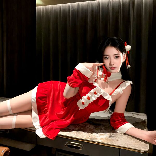 A woman poses in a festive christmas red velvet babydoll dress set, featuring lace details and bow hair accessories, embodyin...