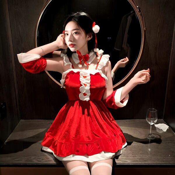 A woman poses elegantly in a festive christmas red velvet babydoll dress set, featuring intricate lace details and charming b...