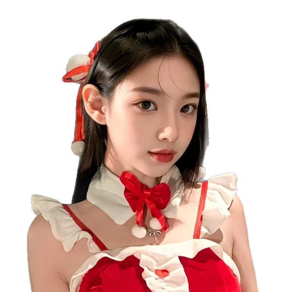 A young woman wears a festive christmas red velvet babydoll dress set, featuring lace details and a bow hair accessory, perfe...