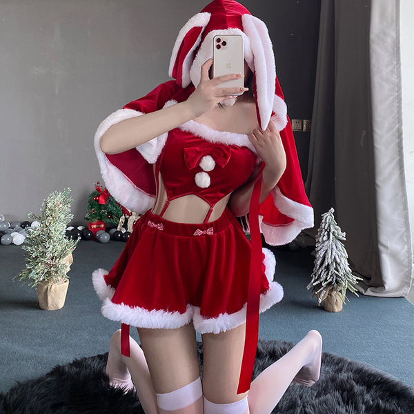 Sexy christmas reindeer costume set featuring fuzzy holiday attire perfect for new year & christmas parties.