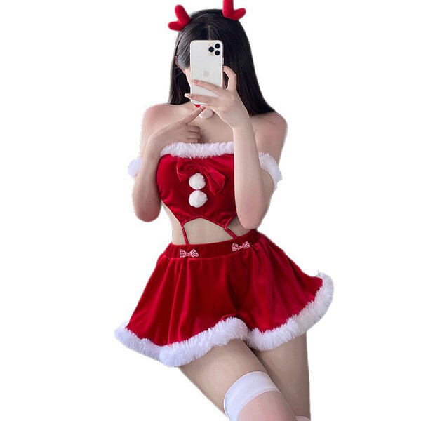 Sexy christmas reindeer costume set featuring fuzzy holiday-themed lingerie with reindeer antlers and festive details, perfec...