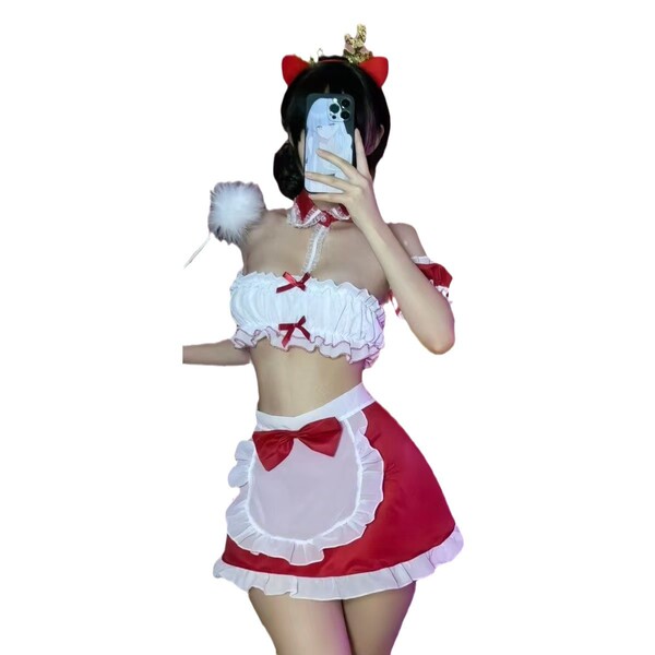 Sexy christmas maid costume red bunny girl outfit - playful & alluring lingerie set with cat ears and pom pom headband