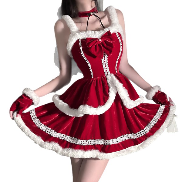 Sexy christmas dress with fluffy white trim and bow, perfect for holiday parties.