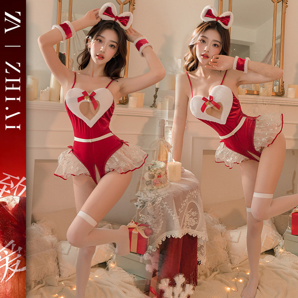 Sexy christmas red open-crotch bodysuit costume for cosplay and holiday role play