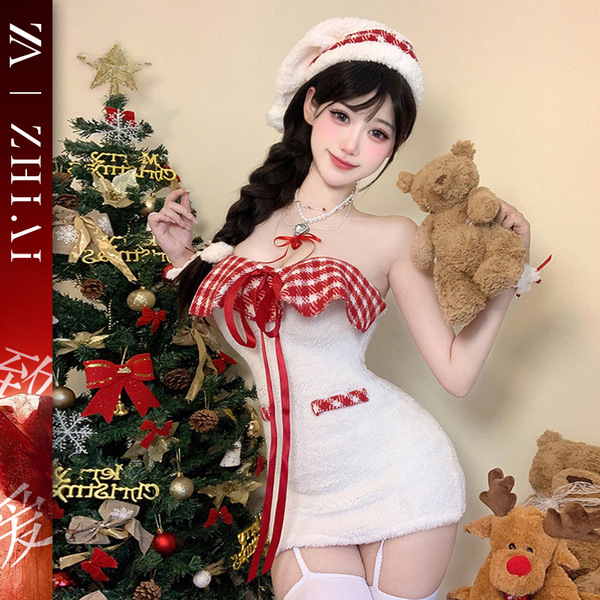 Sexy christmas-themed velvet dress with cute bunny ears and teddy bear accessory, perfect for festive cosplay outfits.