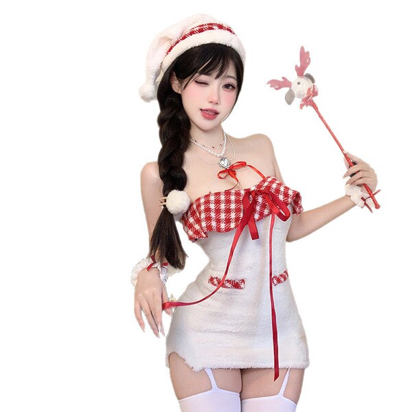 Sexy christmas-themed velvet dress with festive hat and reindeer wand, perfect for cosplay outfits.