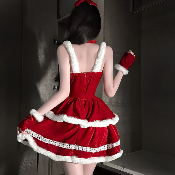 Sexy christmas wrap dress with white fur trim, naughty bunny costume for women, holiday party outfit, -style festive mini dr...