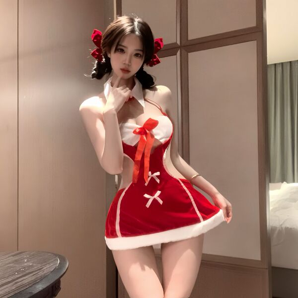 Ruiyun Velvet Sexy Christmas Nightgown - Cute Role Play Costume & Holiday Lingerie Set - 4304 Christmas Uniform [Nightgown + Hair Clip + T-shirt]