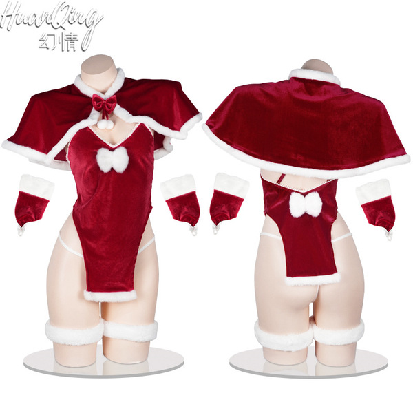 Christmas-themed sheer lace bodysuit with bow and capelet, perfect for festive holiday style.