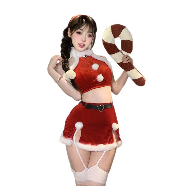 Christmas-themed lingerie set featuring a festive crop top with faux fur trim and a slim-fit pencil skirt, perfect for holida...