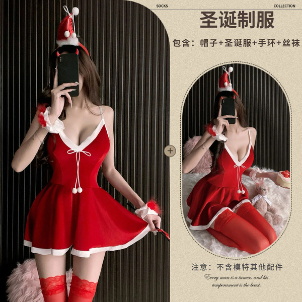 Christmas Sexy Lingerie Dress - Deep V-Neck Backless Slip Dress for New Year Eve & Holiday Nights - Christmas uniform + size 4 red stockings