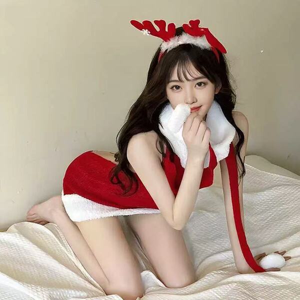 Sexy christmas velvet dress with festive reindeer headband and plush knit sweater top for holiday party wear.