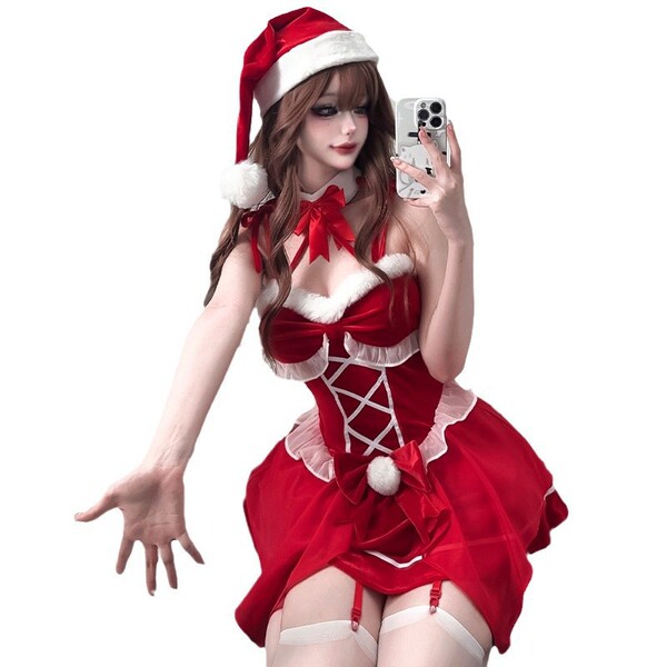 Sexy holiday outfit featuring a christmas velvet halter bra dress with cute butterfly bows and mini skirt, perfect for festiv...
