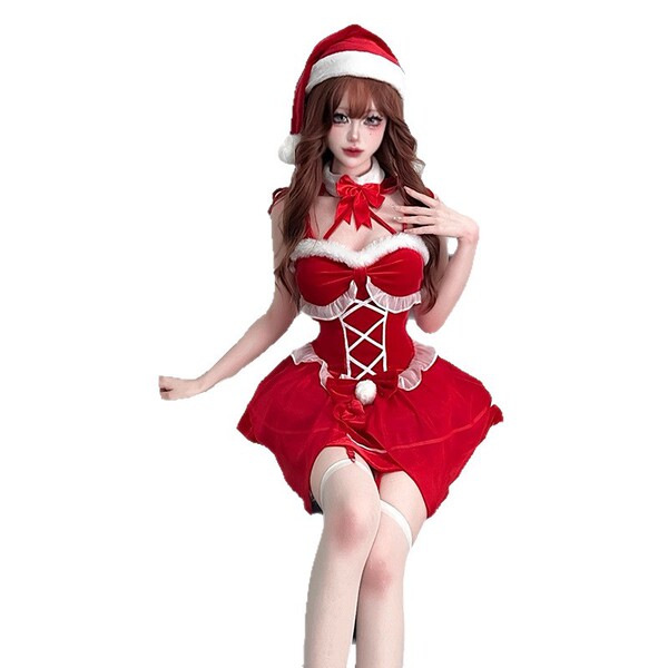 Sexy christmas velvet halter bra dress with cute butterfly bow, perfect holiday party outfit