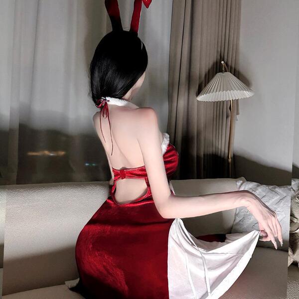 Elegant red velvet christmas-themed sleep dress with bunny ears, perfect for cosplay or festive occasions.