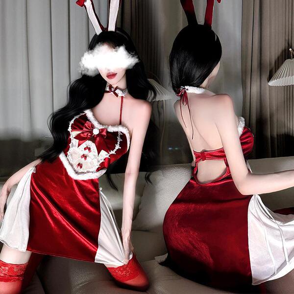 Elegant red velvet christmas-themed sleep dress with bunny ears and lace details, perfect for cosplay or festive occasions.